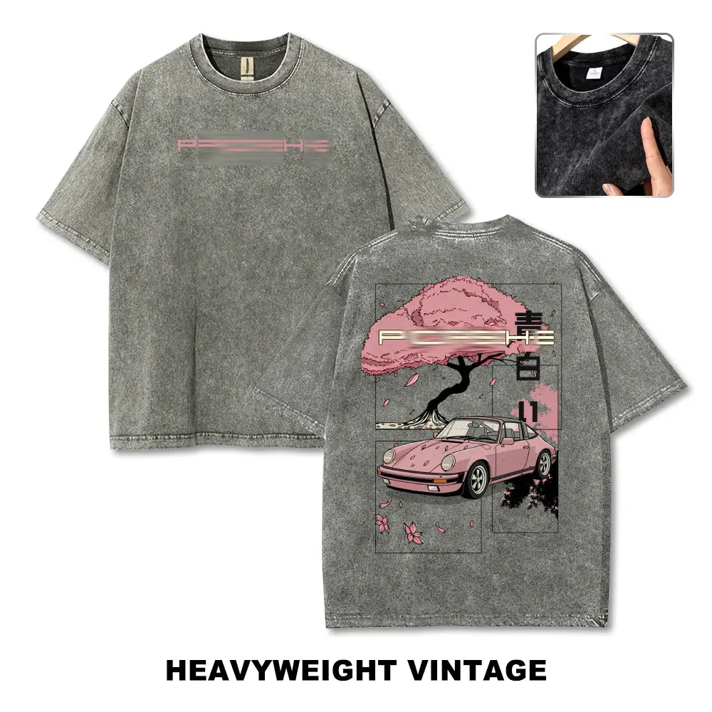 Cherry Blossom Japanese Aesthetic Classic Sports Car Vintage Washed Tee 90s Men's Graphic Tee t Shirts Funny Graphic Tee Good Graphic Tees Graphic Tees Streetwear Outfits Men Vacation Outfits Oversized Tshirt Men